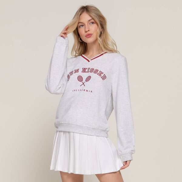 Long Sleeve V-Neck Embroidered Detail Sweatshirt - Grey Marl/Red (Front)