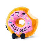 Plush donut toy with a face and 'BITE ME!' text on a white background