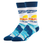 A pair of crew socks featuring a Los Angeles theme. The top cuff and toes are dark blue, while the upper leg section is white with a blue 'Los Angeles' script logo and a yellow sun graphic.