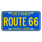 California Route 66 license plate with blue border and yellow text on a white background