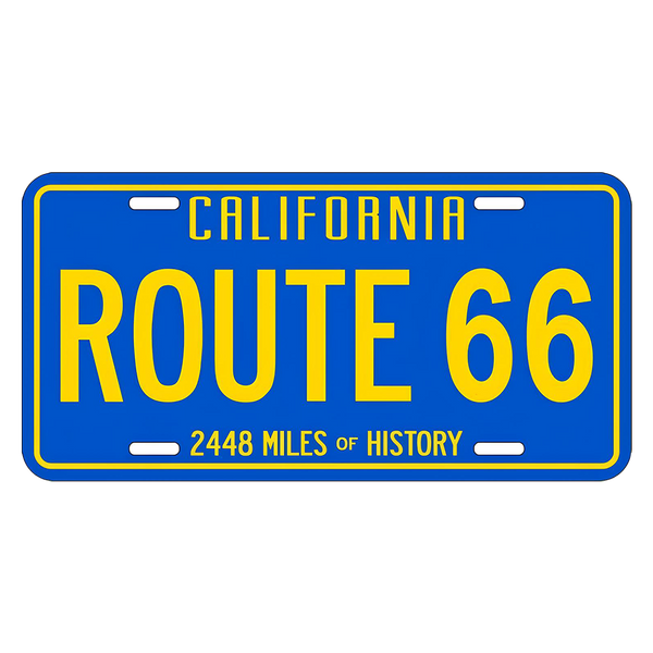 California Route 66 license plate with blue border and yellow text on a white background