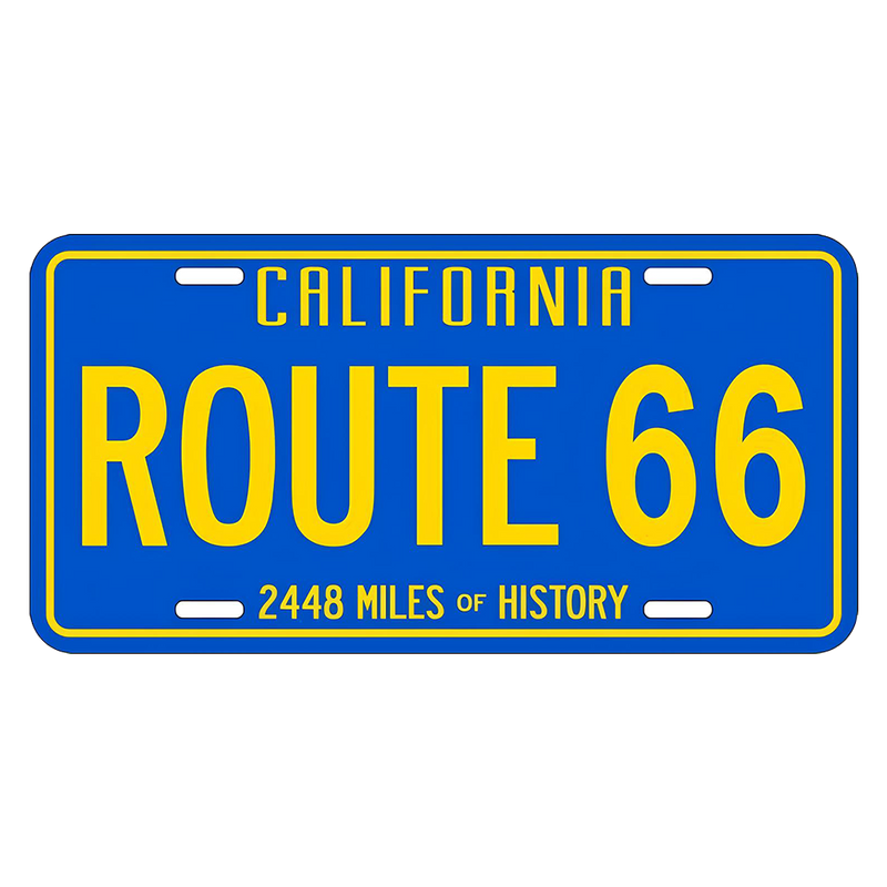 California Route 66 license plate with blue border and yellow text on a white background