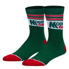 Green socks with red and white accents featuring a logo on a white background