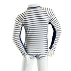 Mannequin wearing a striped long-sleeve shirt and white pants on a white background
