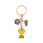 Keychain with soccer-themed charms including a trophy, ball, and flags on a white background