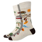 Two socks with California-themed designs on a white background