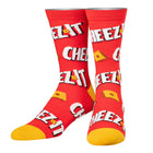 Red socks with 'Cheez-It' branding on a white background