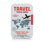 Travel trivia game packaging with world map and airplane illustration on a white background