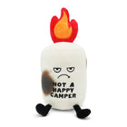Plush toy with flame on top and 'Not a Happy Camper' text on a white background