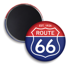 Two round Route 66 magnets shown on a white background, with one magnet displaying the front design featuring a red and blue shield logo with white text, and the other showing the dark magnetic backing.