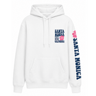 White hoodie with 'Santa Monica, California' text and floral design on a white background