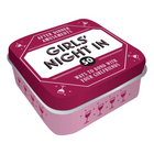 Pink and red tin box with 'Girls' Night In' text on a white background