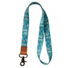 Blue lanyard with palm tree pattern and brown leather strap on a white background