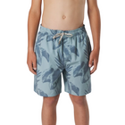 A person wearing light blue swim trunks with a dark blue tropical leaf pattern and a beige drawstring, shown from the waist to mid-thigh against a light gray studio background.