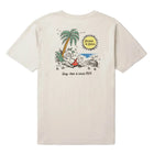 Beige t-shirt with a tropical graphic on a white background