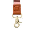 Leash with pink and brown striped design and beige clip on a white background