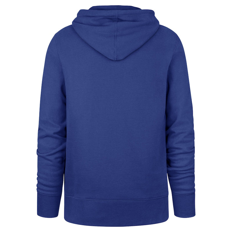 Blue hoodie shown from the back on a white background