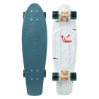 Top and bottom view of a Penny skateboard. The top is textured in teal blue with 'Penny Australia' embossed. The bottom features a white deck with wave patterns, a red diver graphic, and small black shark illustrations. The skateboard has teal translucent wheels and light wood-colored trucks.