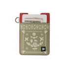 A slim card holder wallet featuring a sage green woven fabric front with a white embroidered floral pattern, red leather trim, and a small black logo patch. A white card and cash are partially inserted, and a metal key ring is attached on the left, shown against a light gray background.