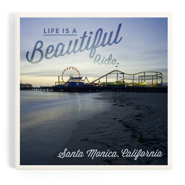 Santa Monica California Pier and Sunset Ceramic Coaster
