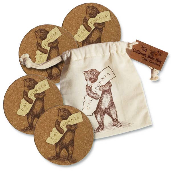 CA Bear Cork Coasters in Drawstring Pouch