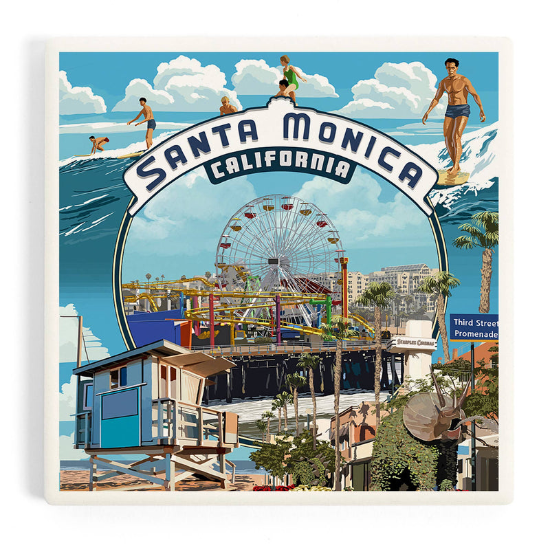 Santa Monica California Montage Scenes Ceramic Coaster