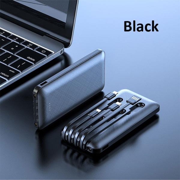 a black compact portable 10,000 mah powerbank with 3-in-1 charging cables